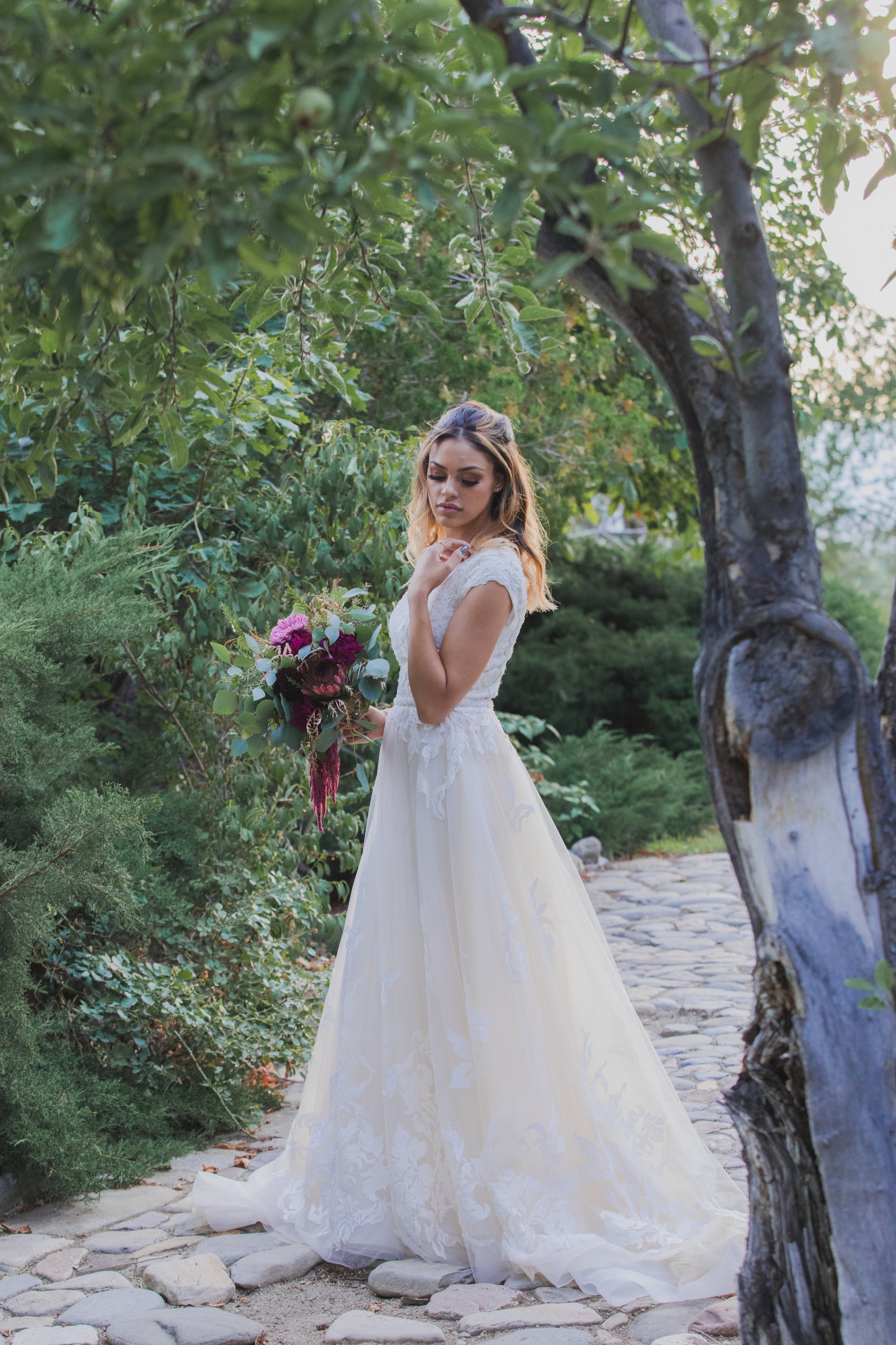 Beautiful, modest lace and tulle A-line wedding dress